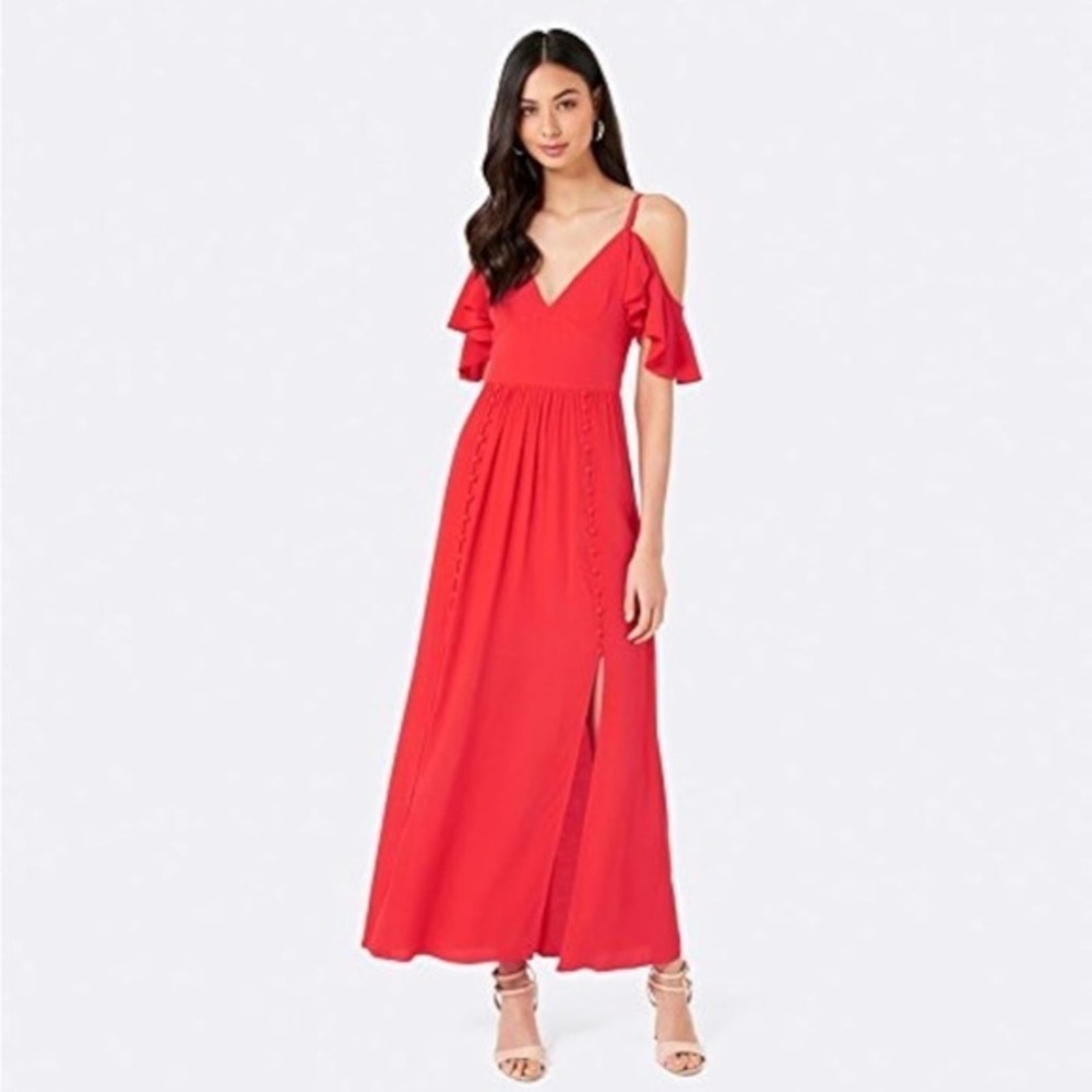 Ever New Cold Shoulder Ruffle Red Maxi Dress Elegant Flowing Silhouette size 2